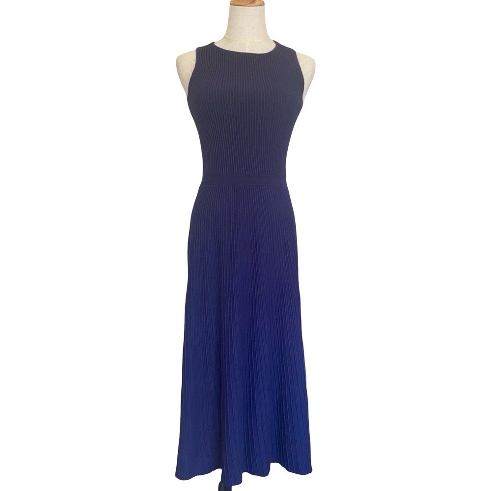 BTFBM Sleeveless Ribbed Knit Midi Dress Women S Navy Blue Pleated Fit and Flare